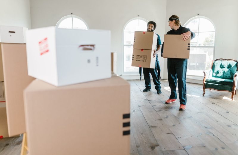 Two workers carrying boxes in a residential interior